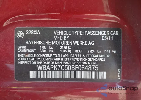 2011 BMW 328I xDrive из США, поврежденный, VIN WBAPK7C50BF084875